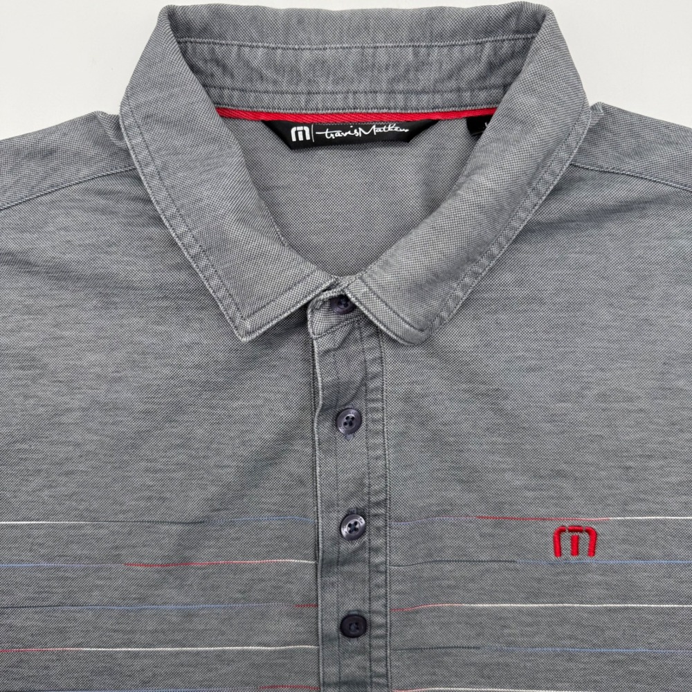 TravisMathew Polo Shirt Mens Large Grey Striped Pima Cotton Blend Short Sleeve
